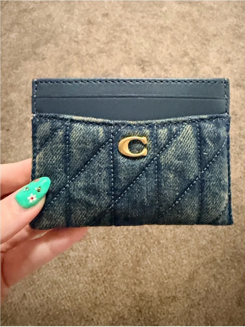 New Coach Quilted Denim and Navy Leather Dark Indigo Card Case with Gold 'C'